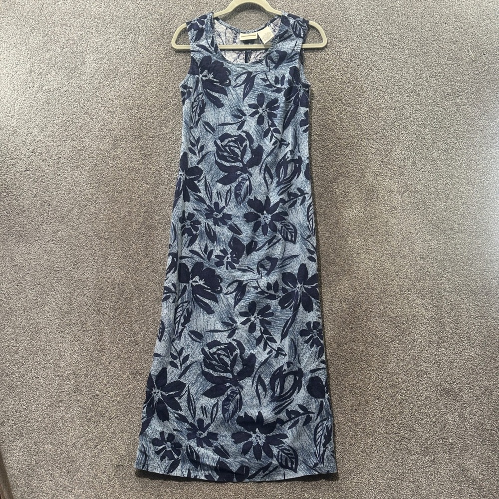 VTG‎ Expressions Maxi Dress Size 8 Blue Floral Linen Rayon Sleeveless Coastal